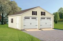 Double Wide Garage 24′ x 24′ • Antique ivory vinyl siding, white trim and doors, black shutters, slate architectural shingles 