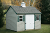 Standard Cape Cod 10′ x 12′ • Clay vinyl siding, green trim and shutters, slate architectural shingles